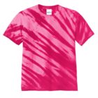 Pink and white tie-dye t-shirt with diagonal stripe patterns.
