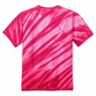 Back view of a pink tie-dye T-shirt with diagonal stripes.