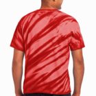 Man wearing a red tie-dye T-shirt, facing away.