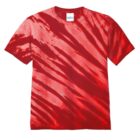 Red tie-dye T-shirt with diagonal wave patterns.