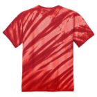 Red tie-dye T-shirt with diagonal stripe pattern on the back.