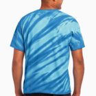 Person wearing a blue tie-dye T-shirt and dark jeans, facing away.