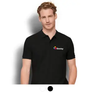 Branded black polo shirt with company logo