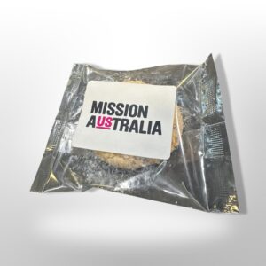 Cookie in clear packaging, proudly supporting MISSION AUSTRALIA through sponsorship.
