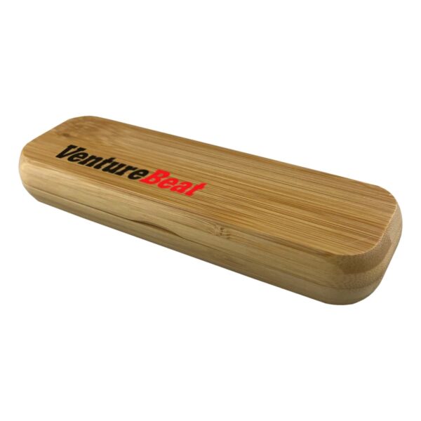 Rectangular bamboo case with VentureBeat logo printed on the lid.