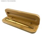 Gold pen in an open wooden case, with text indicating pen is sold separately.