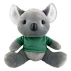 Plush gray koala toy wearing a green shirt, sitting upright against a white background.