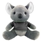Plush gray koala bear wearing a black shirt, sitting upright against a white background.