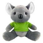 Gray plush koala toy wearing a bright green shirt, sitting upright on a white background.