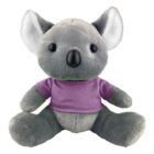 Plush gray koala toy wearing a purple shirt, sitting upright against a white background.