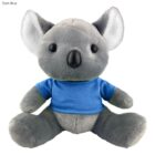 Plush gray koala wearing a blue shirt, sitting facing forward on a white background.