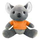 Gray koala plush toy wearing an orange shirt, sitting upright on a white background.
