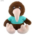 Plush kiwi bird with a teal shirt and large beige beak and feet.