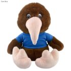 Plush kiwi bird wearing a blue shirt, with a large beak and soft, light-colored feet.
