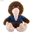 Plush brown kiwi bird wearing a navy blue shirt, with light pink beak and feet.