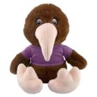 Plush brown kiwi bird toy wearing a purple shirt, with a large beak and feet.