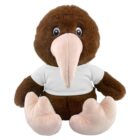 A brown kiwi bird plush toy wearing a white T-shirt, with a large beige beak and feet.