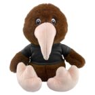 Plush kiwi bird toy with a black shirt and large light pink beak and feet.
