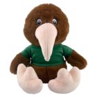 Plush kiwi bird toy with a green shirt and large cream-colored beak and feet.