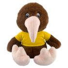 Plush brown kiwi bird with a yellow shirt and large pink beak, sitting upright.