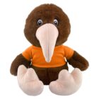 Plush kiwi bird toy with brown fur, orange shirt, and large beige beak and feet.