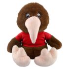 Plush kiwi bird toy with a red shirt and beige beak and feet, sitting upright.