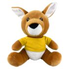 Plush kangaroo toy wearing a yellow shirt and white diaper, sitting upright.