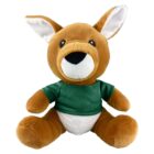 Plush kangaroo toy wearing a green shirt and white shorts, sitting upright.