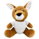 Brown plush kangaroo toy wearing a white t-shirt, sitting upright against a white background.