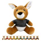Plush kangaroo toy wearing a black shirt, with smaller toys in colorful shirts below it.