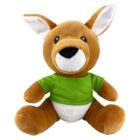 Plush kangaroo toy wearing a green shirt and white diaper, sitting upright.