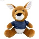 Plush kangaroo toy wearing a navy blue shirt, sitting upright against a white background.