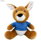Plush kangaroo toy wearing a blue shirt, sitting upright against a white background.