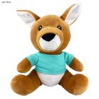 Plush kangaroo toy wearing a light blue T-shirt, sitting upright against a white background.
