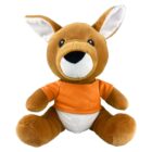 Plush kangaroo toy with an orange shirt, white belly, and large ears, facing forward.