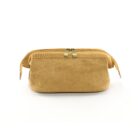 Tan leather zippered pouch with wide opening, shown against a white background.