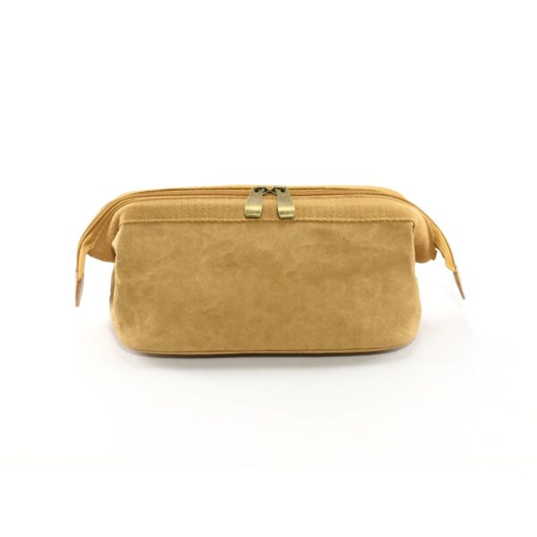 Tan suede pouch with a zipper closure, shown on a white background.