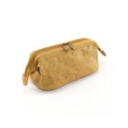 Tan rectangular zippered pouch with gold zipper, displayed on a white background.