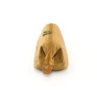 Tan canvas zippered pouch with a leather pull tab, viewed from the zipper end.
