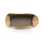 Top view of an empty, open tan fabric pouch with a gray interior.