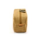 Tan rectangular pouch with a zipper, viewed from the side against a white background.