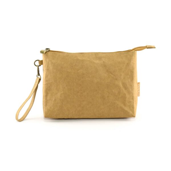 Beige zippered pouch with a wrist strap, displayed on a white background.