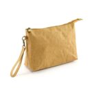 Tan zippered clutch bag with wrist strap on a white background.