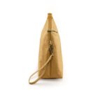 Tan clutch bag shown from the side with a wrist strap and zipper on a white background.
