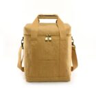 Tan insulated cooler bag with handles, shoulder strap, and zippered top on a white background.