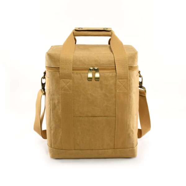 Tan insulated cooler bag with handles, shoulder strap, and a zipper on the front.