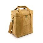Tan insulated lunch bag with handles and shoulder strap on a white background.