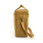 Tan rectangular bag with shoulder strap and zipper, shown standing upright on a white background.