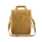 Tan insulated cooler bag with handles and an adjustable shoulder strap, seen from the front.