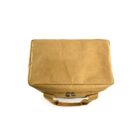 Brown rectangular bag with zipper and handle, viewed from above on a white background.